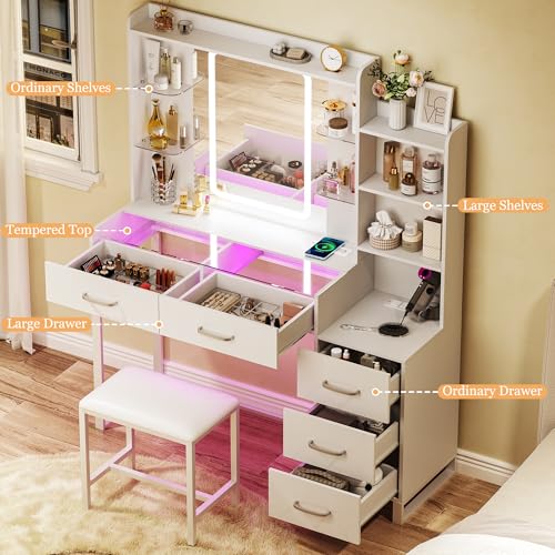 White 43" Vanity Desk with Mirror and LED Lights, Glass Top, Wireless Charging, RGB Drawers, 3 Colors Light, Power Outlet N86268