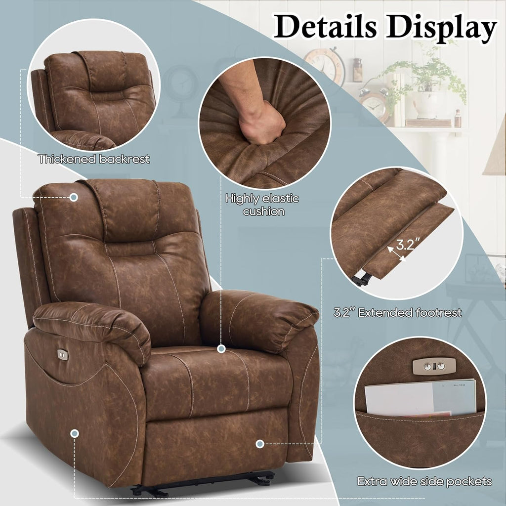 Electric Recliner with Heat & Massage, Leather Recliner Chair with Extended Footrest, Power Recliner Chair with USB Ports B1179