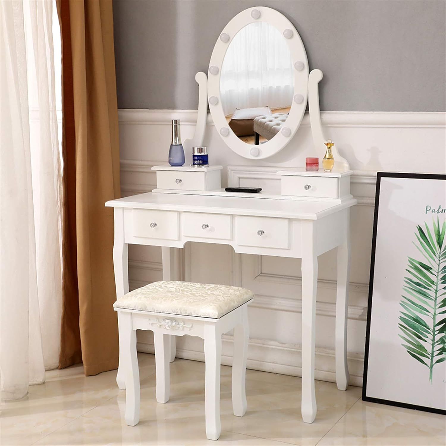 White Lighted Makeup Vanity Set with 10 Light Bulbs and 5 Sliding Drawers K122494