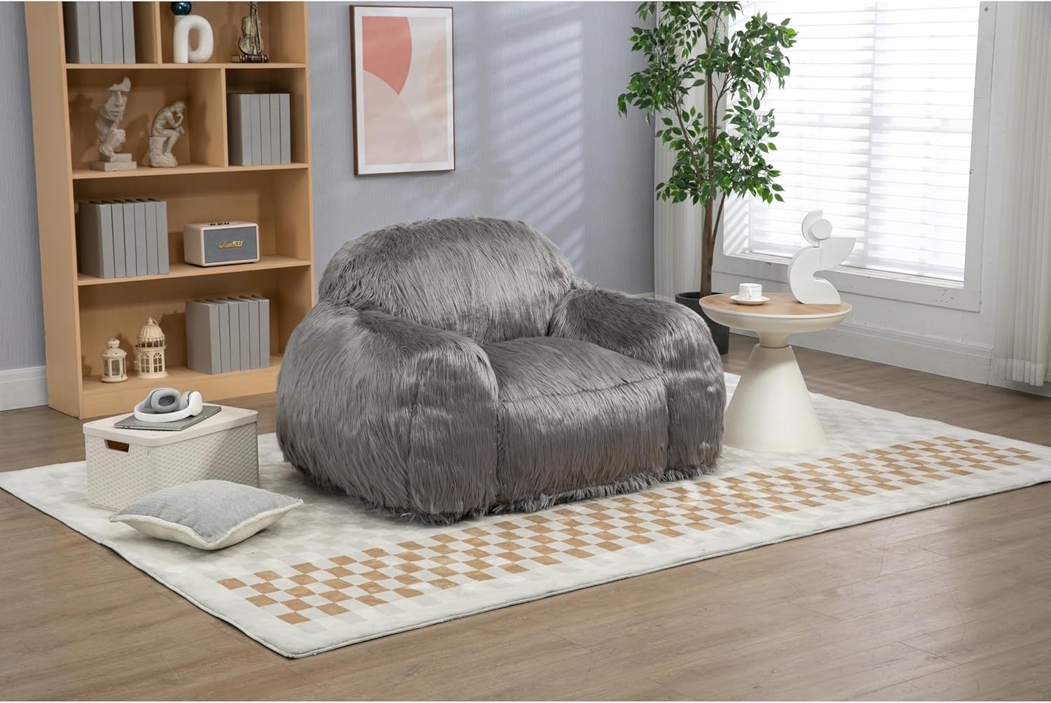 Grey Long Hair Single Bean Bag Chair H934328