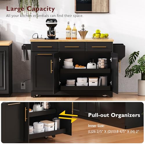 Black Farmhouse Kitchen Island with Drop Leaf, Barn Door, 3 Drawers, Adjustable Shelf, Spice Rack, 56" D474