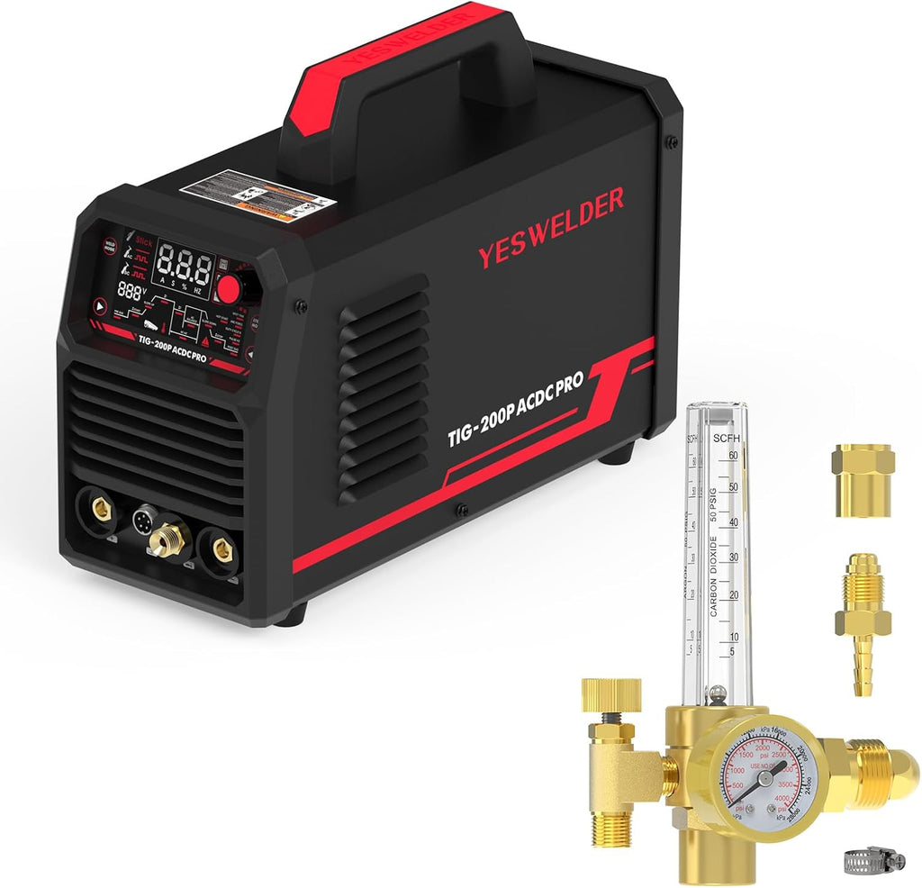 200A AC/DC Aluminum Tig Welder with Pulse Large LED Display Digital Inverter STICK/TIG 110/220V Dual Voltage Mig Tig Flow Meter Gas Regulator Gauge K14242