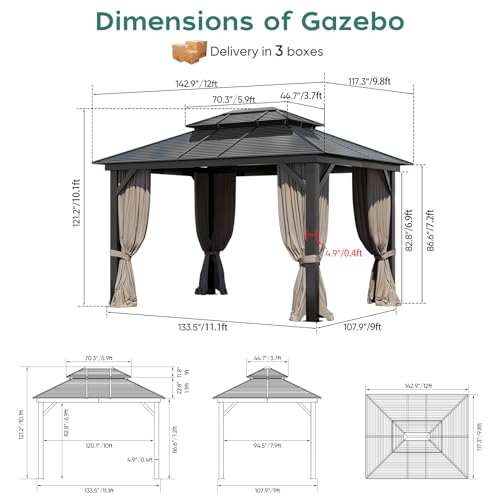 Hardtop Gazebo 10x12FT, Heavy Duty Metal Pavilion with 4.92'' Square Pillar, Aluminum Wood Grain Outdoor Gazebos Double Roof, Patio Gazebo with Curtain & Netting T734474