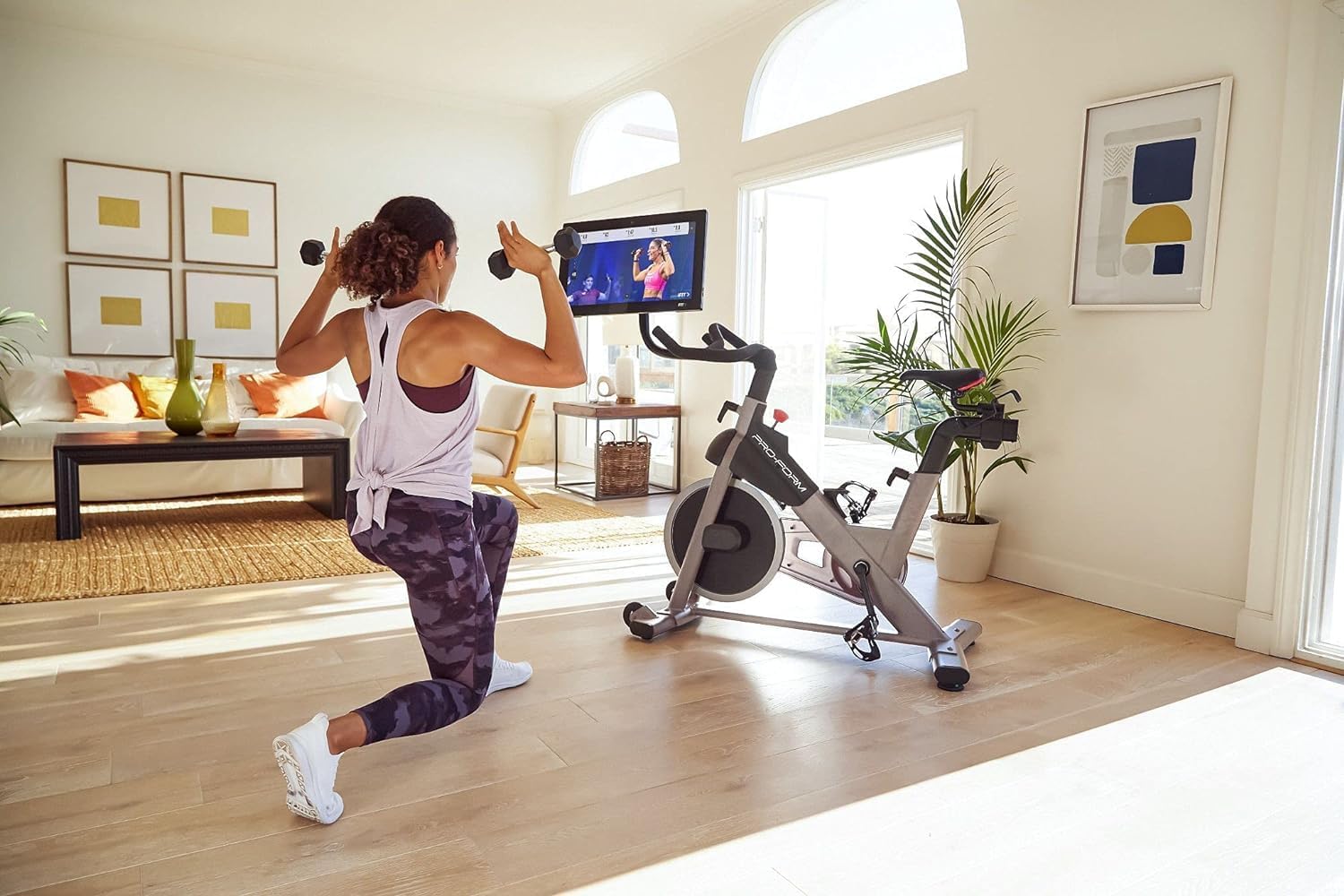 22” HD Touchscreen Exercise Bike with 24 resistance levels, Two 3 lb dumbbells, Black A3444