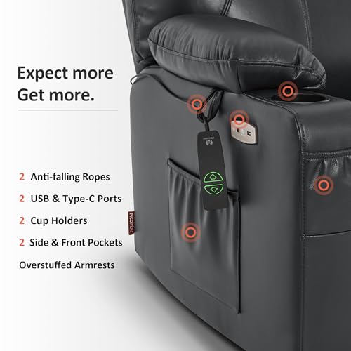 Power Lift Recliner Chair with Heat and Massage, Faux Leather (Black, Medium) L57703