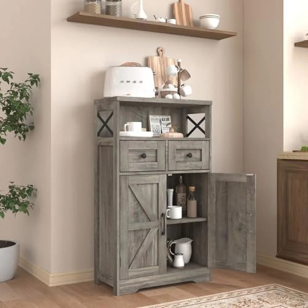 Farmhouse Cabinet with Drawers and Freestanding Kitchen Pantry Floor Cabinet Hutch Cupboard Rustic Grey P4572