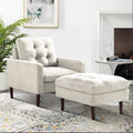 Beige Fabric Accent Chair with Ottoman and Solid Wood Legs P213482