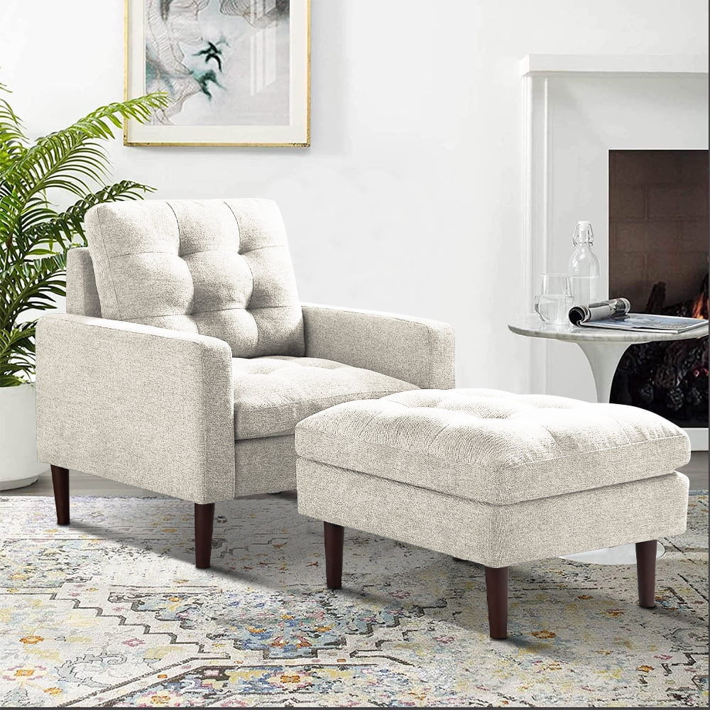 Beige Fabric Accent Chair with Ottoman and Solid Wood Legs P213482