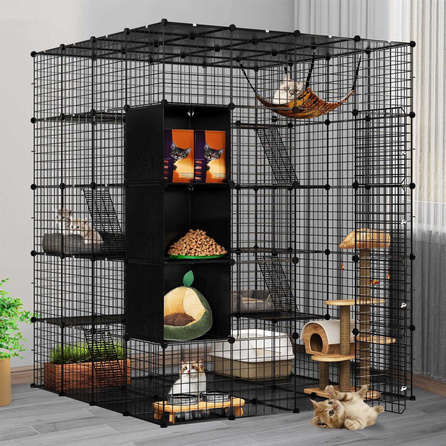 Large Cat Cage 5-Tier Kennels with Cube Storage DIY Indoor Catio Enclosure Cat Playpen with Hammock E41282