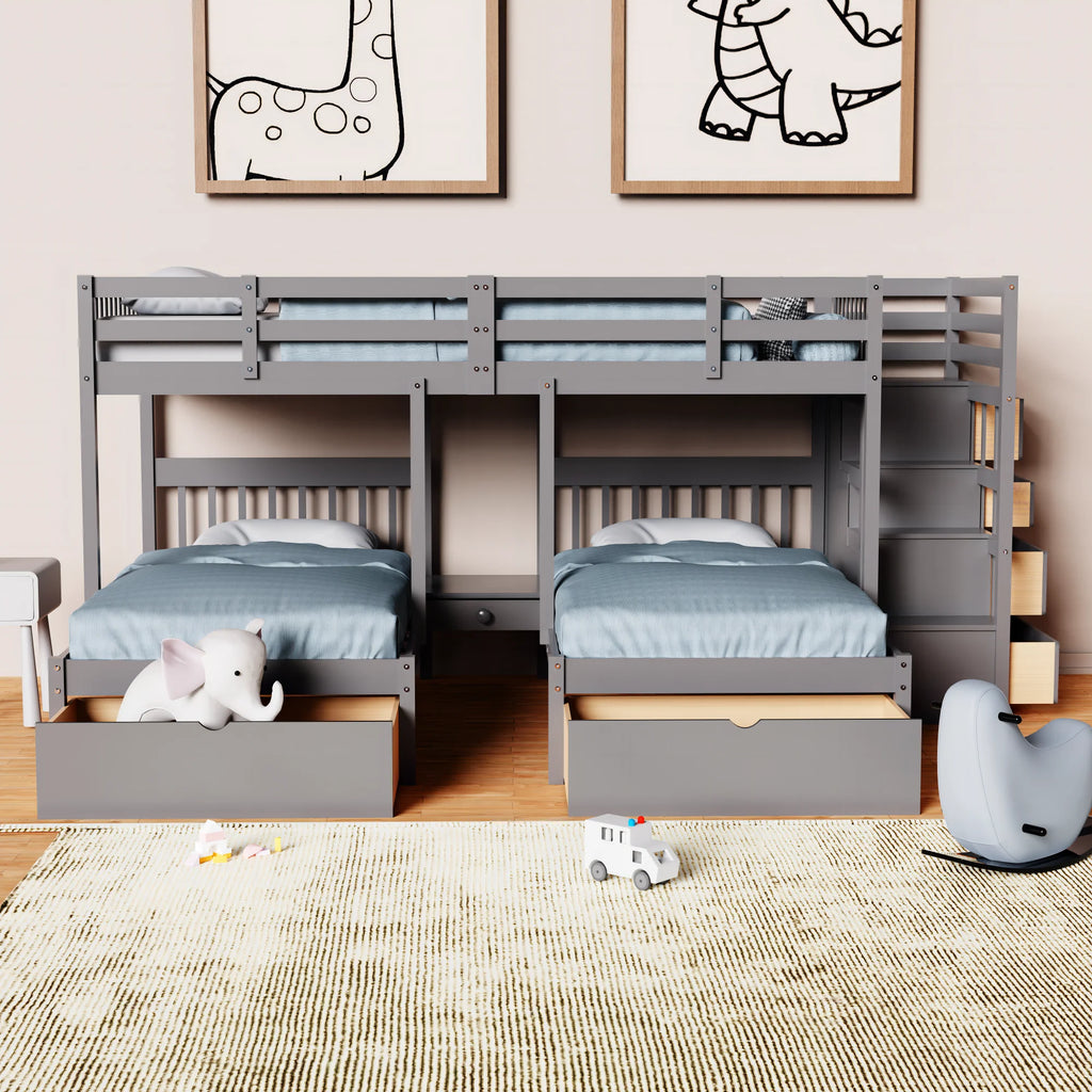 White Wood Triple Bunk Bed with Drawers and Guardrails R31357
