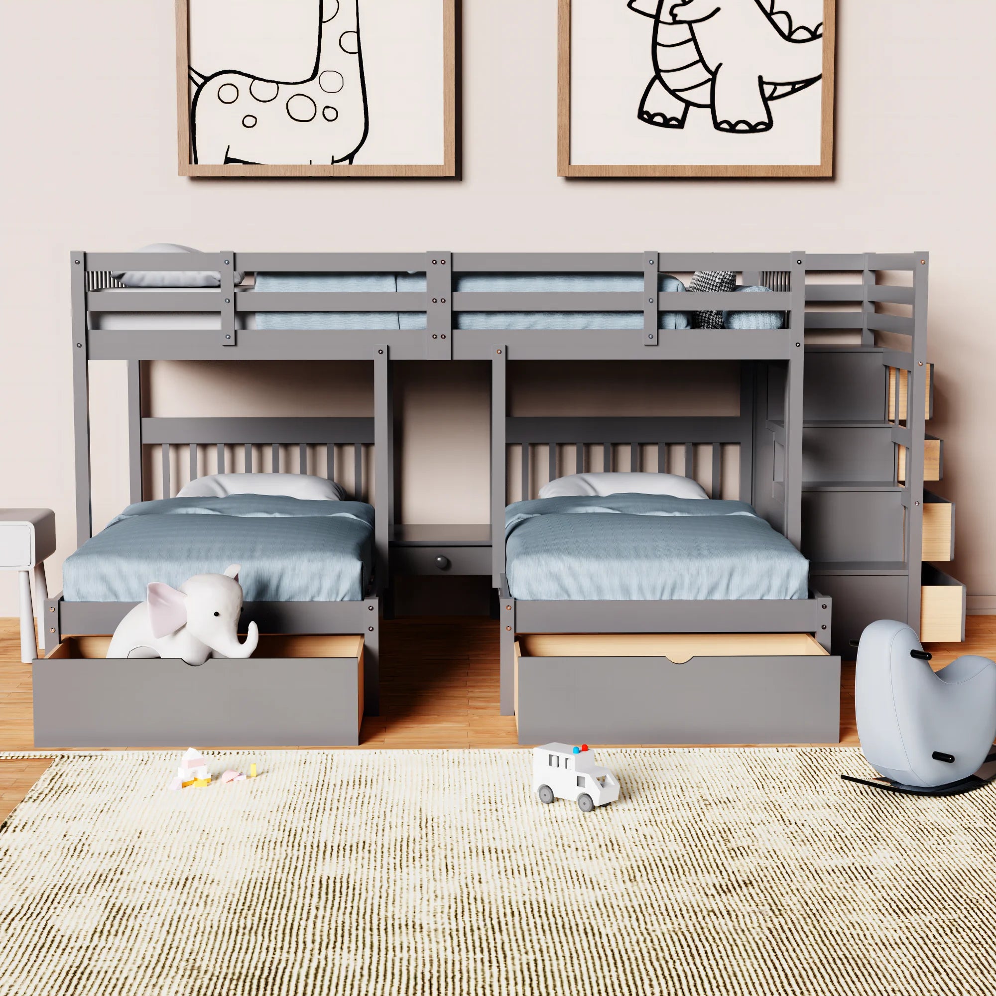 White Wood Triple Bunk Bed with Drawers and Guardrails R31357
