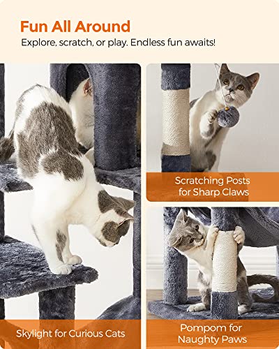 Light Gray 61-Inch Cat Tree with 5 Scratching Posts, 2 Perches, 2 Caves, Hammock L826