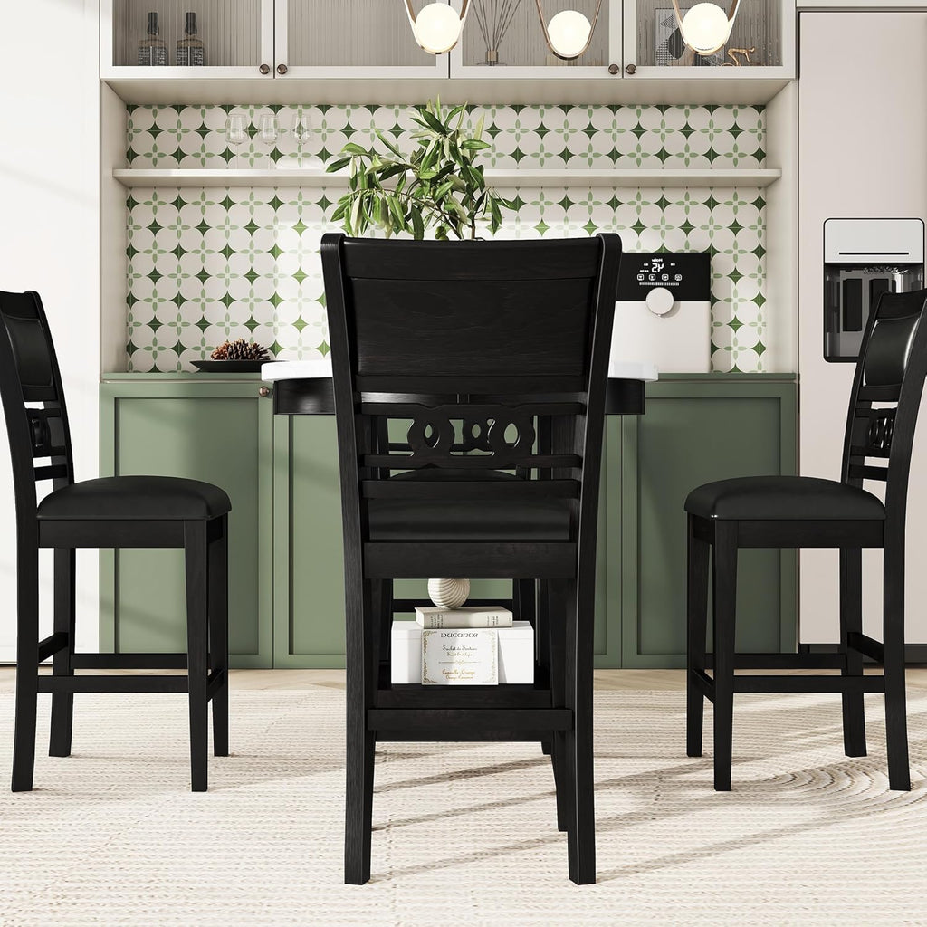 5-piece Counter Height Dining Round Table Set with Faux Marble Top and Four PU-leather Chairs, Dark Espresso Y730691