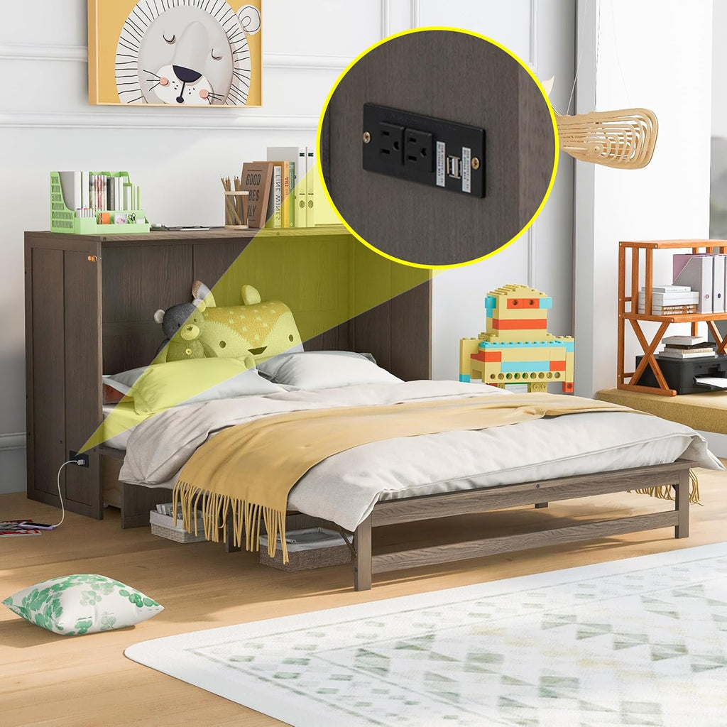 Queen Murphy Bed Cabinet with Drawer and Charging Station M633