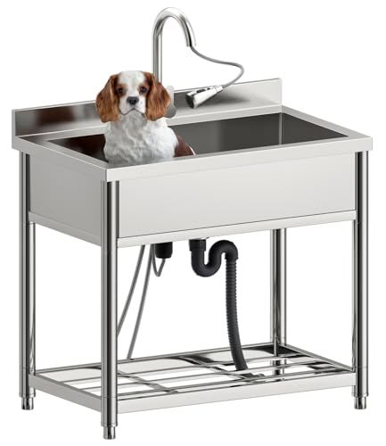 Stainless Steel Single Bowl Freestanding Utility Sink with Pull-Out Faucet, W35.4" x D22.4" x H37" C217