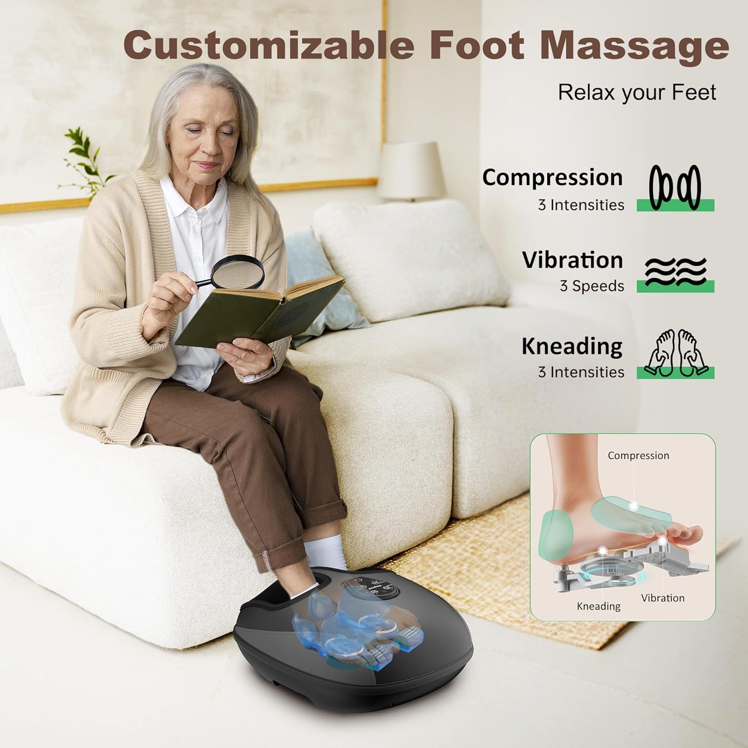 Electric Foot Massager with Heat, Deep Kneading, Compression, Vibration, Remote Control I2521