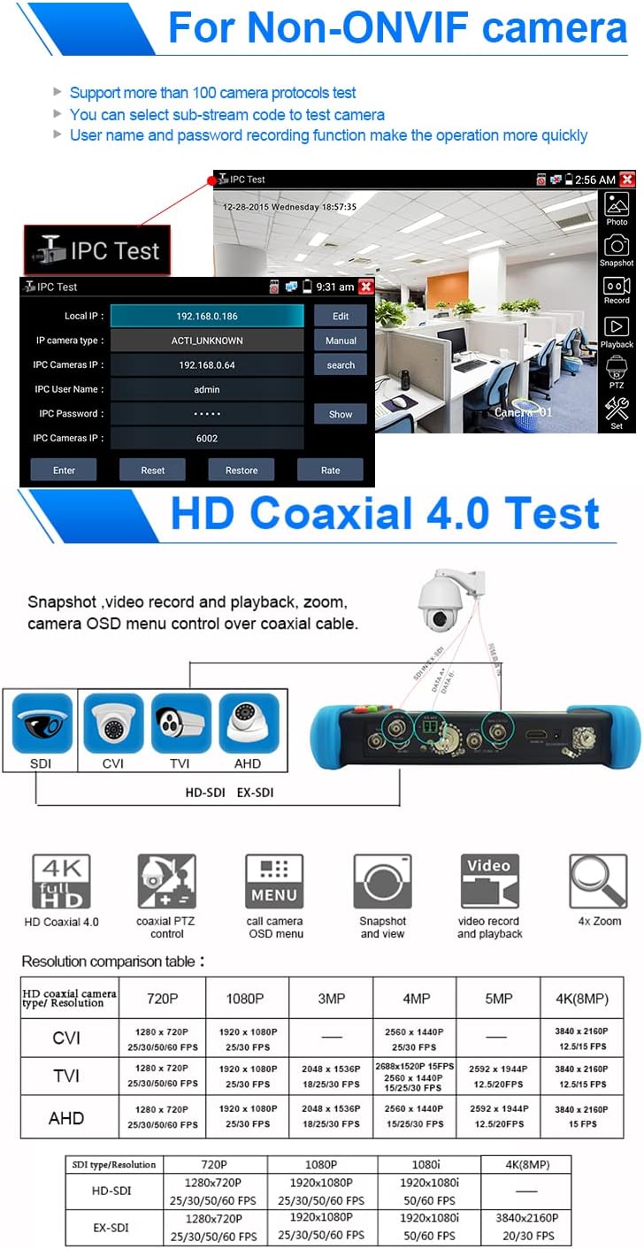 7'' IPS Touch Screen WiFi 4K H.265 HDMI 8MP CVI TVI AHD SDI CVBS Camera Tester Q82964