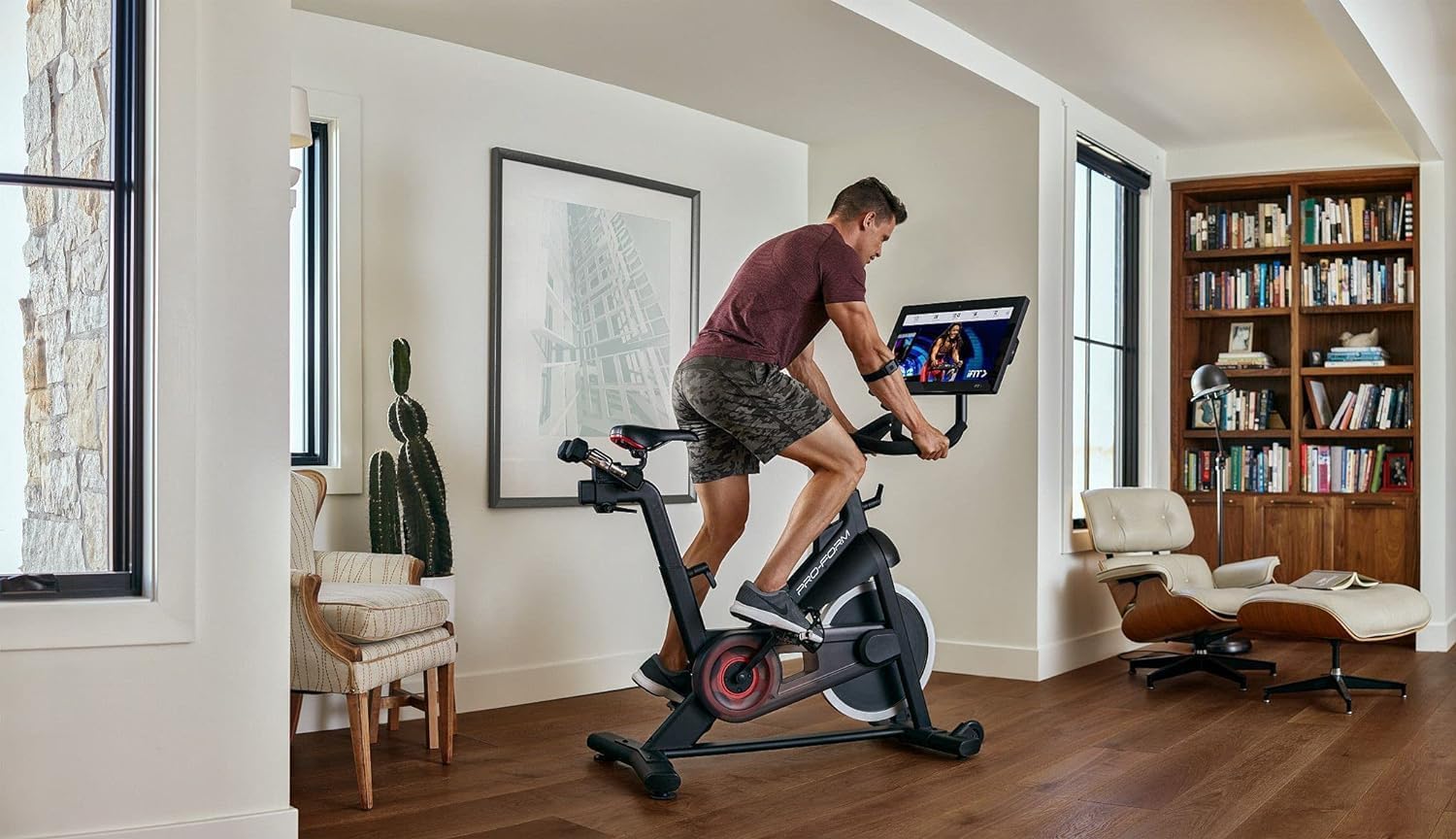 22” HD Touchscreen Exercise Bike with 24 resistance levels, Two 3 lb dumbbells, Black A3444