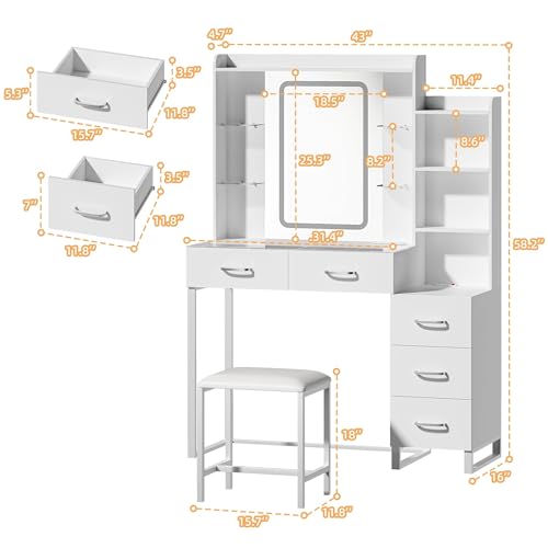 White 43" Vanity Desk with Mirror and LED Lights, Glass Top, Wireless Charging, RGB Drawers, 3 Colors Light, Power Outlet N86268