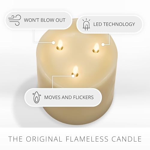 Tri-Flame Grand Flameless Candle 5.8" x 5.7" Moving Flame LED Candle Melted Top Unscented Real Wax Ivory M8283