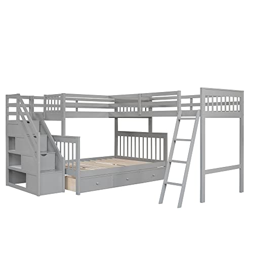 Gray Wooden Triple Bunk Bed with Storage Drawers J157060