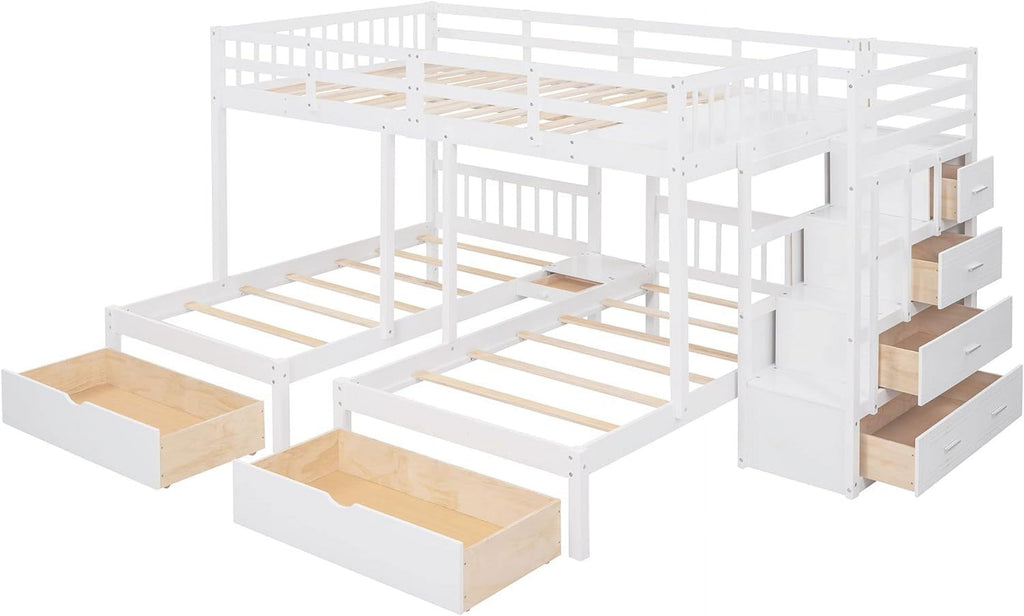 White Wood Triple Bunk Bed with Drawers and Guardrails R31357