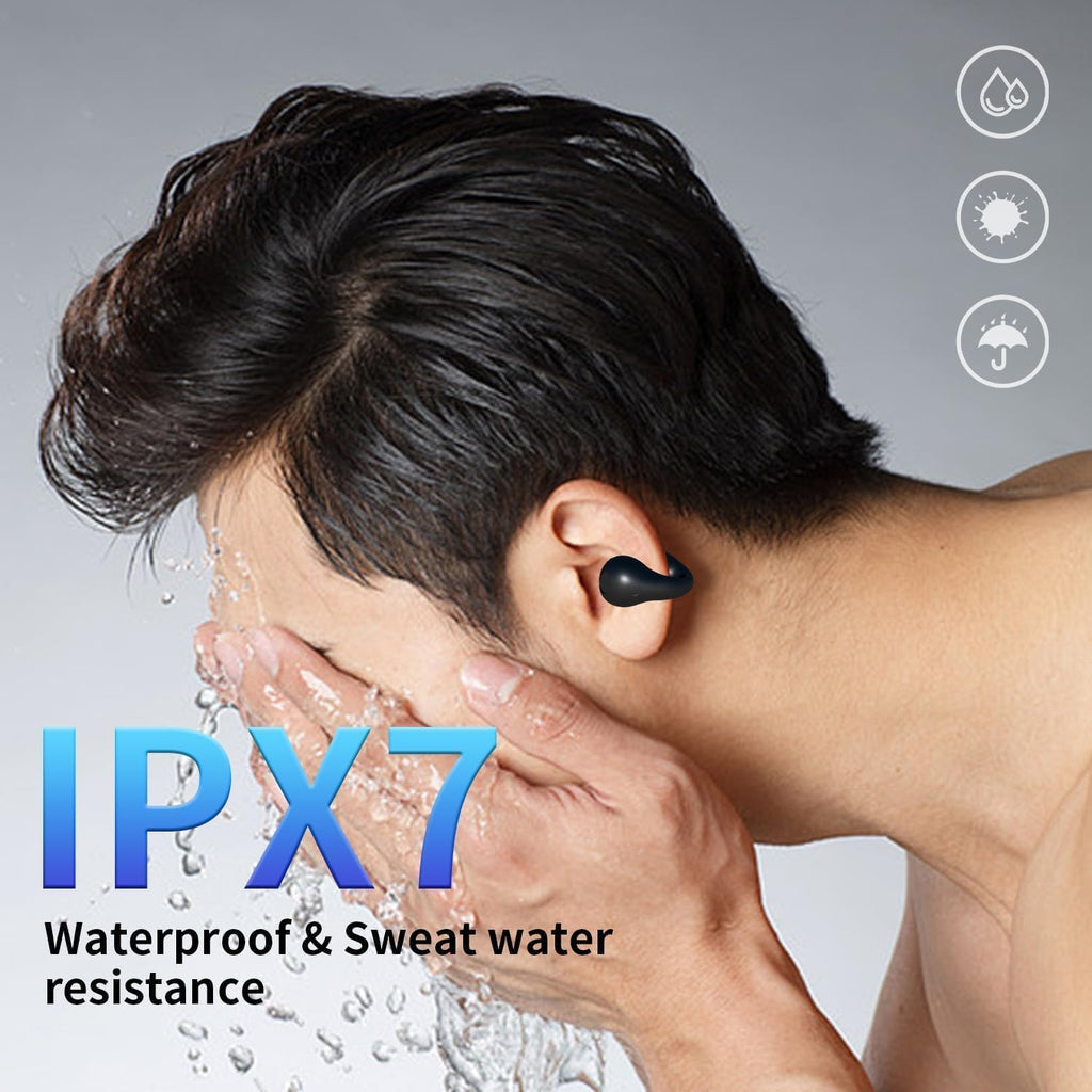 Open Ear Bone Conduction Headphones Wireless Bluetooth 5.3 Clip On EarBuds with LED Display Charging Case 60 Hours Playtime IPX7 Waterproof Black A589