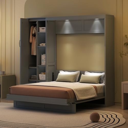 Gray Queen Size Murphy Bed with Storage Shelves and LED Lights U29548