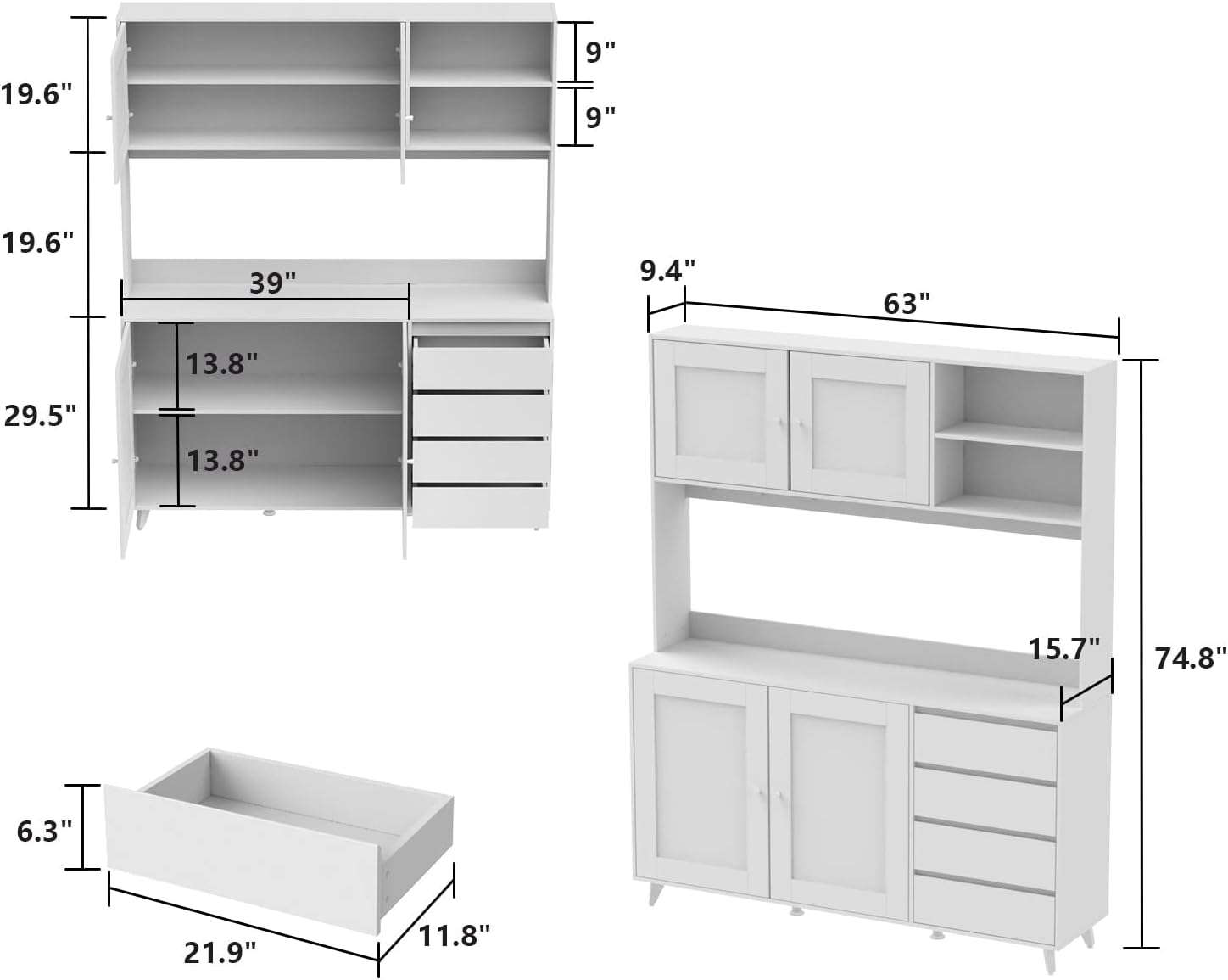 63"W 74.8"W Buffet with Hutch, Freestanding Kitchen Pantry Oak/White M7651
