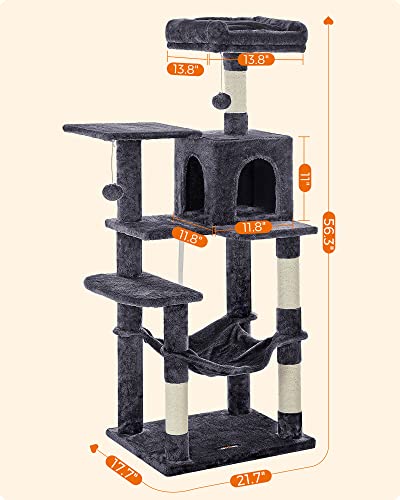 Light Gray 61-Inch Cat Tree with 5 Scratching Posts, 2 Perches, 2 Caves, Hammock L826