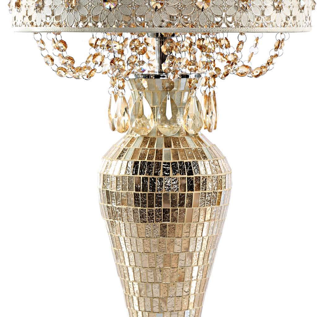 Gold Metal and Mosaic Base Table Lamp with Cascading Crystals N914091