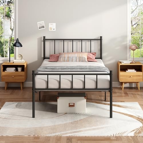 Black Metal Twin Size Platform Bed Frame with Headboard and Footboard T710036
