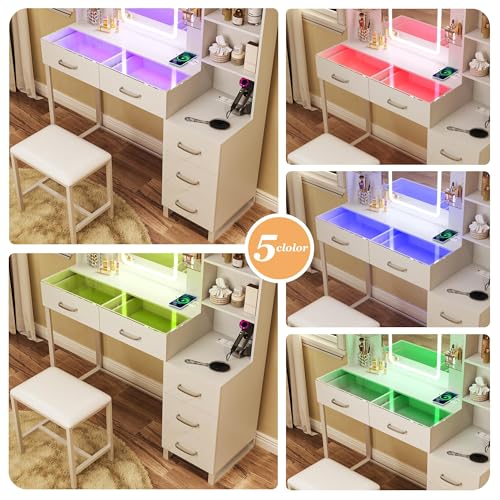 White 43" Vanity Desk with Mirror and LED Lights, Glass Top, Wireless Charging, RGB Drawers, 3 Colors Light, Power Outlet N86268