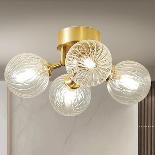 13" 4-Light Gild Brass Clear Ripple Blown Glass Globe Semi Flush Mount Chandelier G9329
