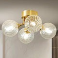 13" 4-Light Gild Brass Clear Ripple Blown Glass Globe Semi Flush Mount Chandelier G9329
