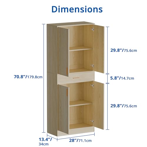 71" Tall 4 Doors Wood Freestanding Cupboard with Sliding Drawer and 2 Adjustable Shelves, Oak A42569