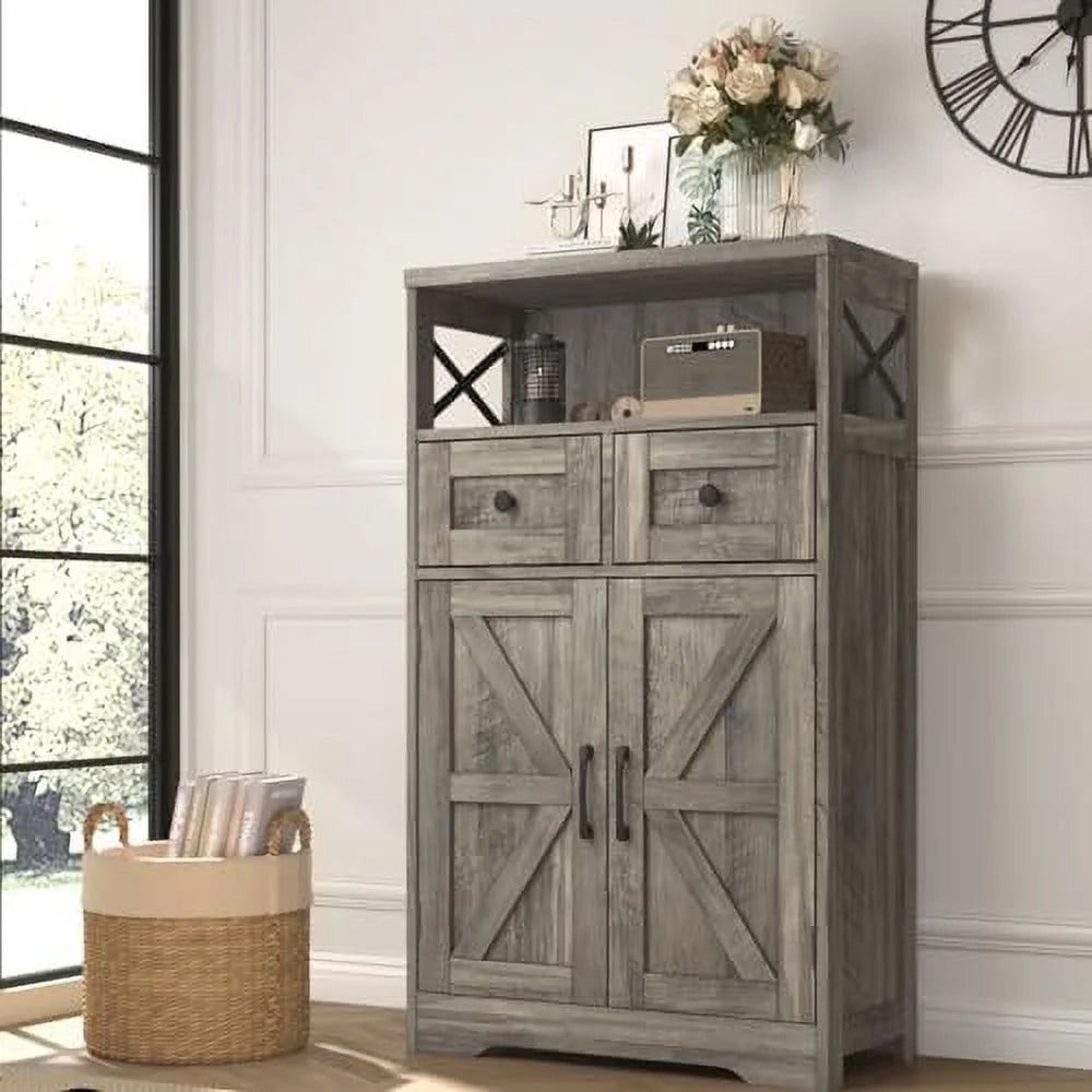 Farmhouse Cabinet with Drawers and Freestanding Kitchen Pantry Floor Cabinet Hutch Cupboard Rustic Grey P4572