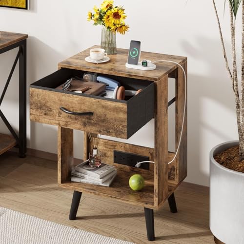 Gray Nightstands Set of 2 with Fabric Drawer and Open Wood Shelf R228