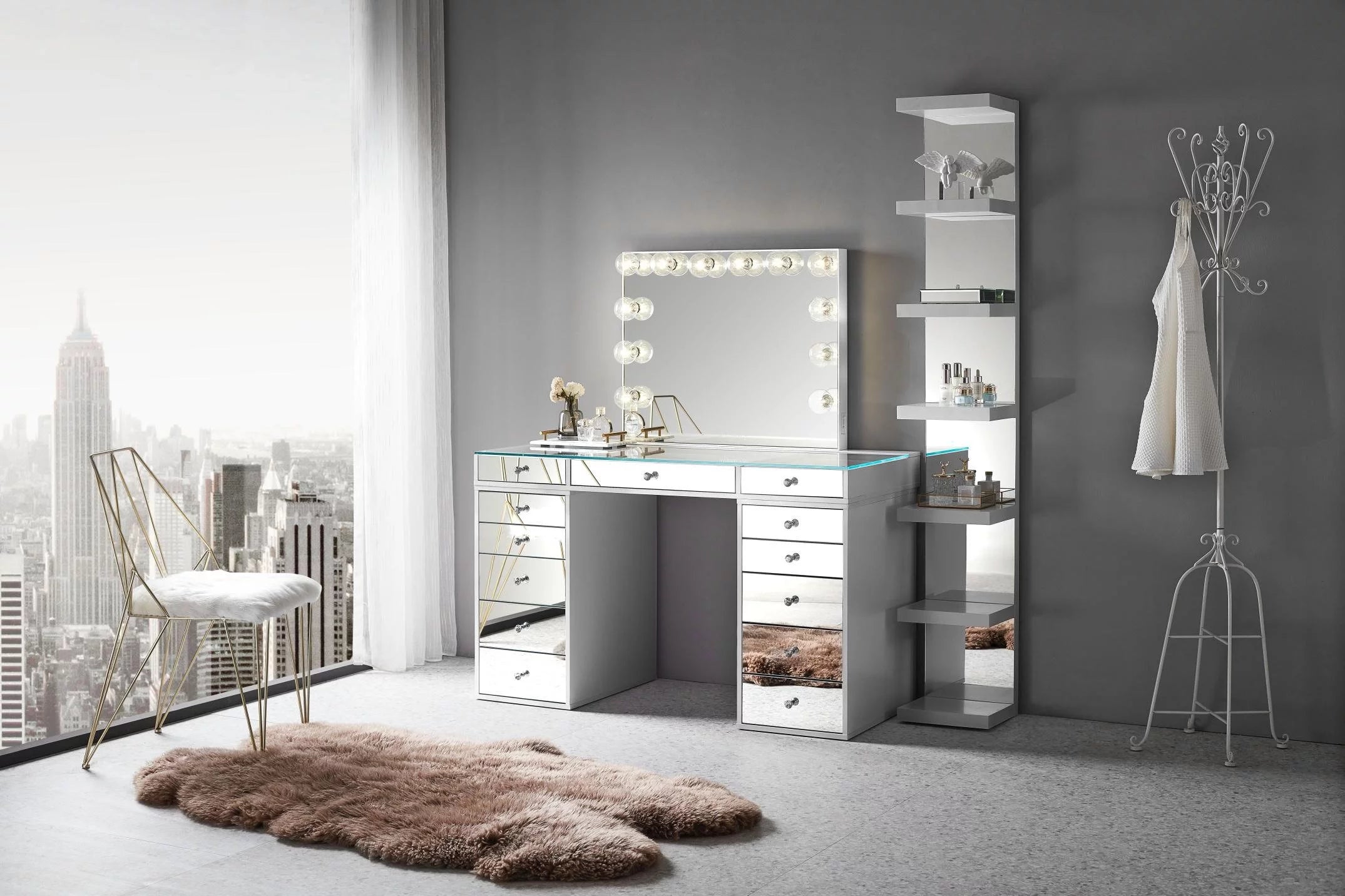 Bright White Solid Material 5 Drawer Vanity Desk E952