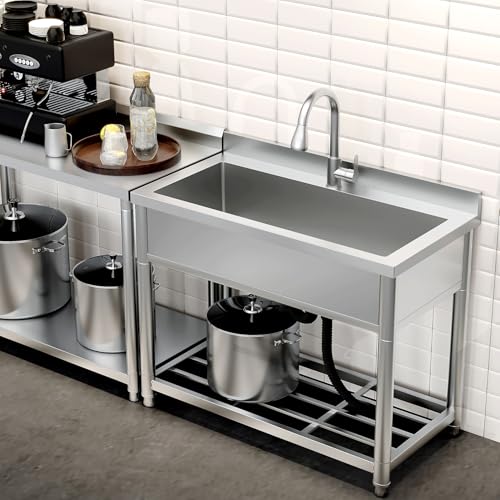 Stainless Steel Single Bowl Freestanding Utility Sink with Pull-Out Faucet, W35.4" x D22.4" x H37" C217