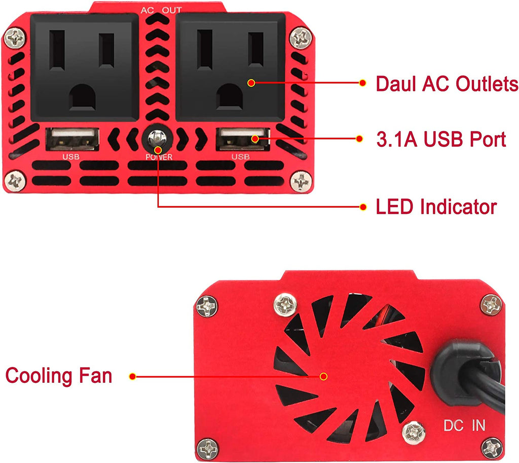 300W Power Inverter DC 12V to 110V AC with 3.1A Dual USB Charger R397