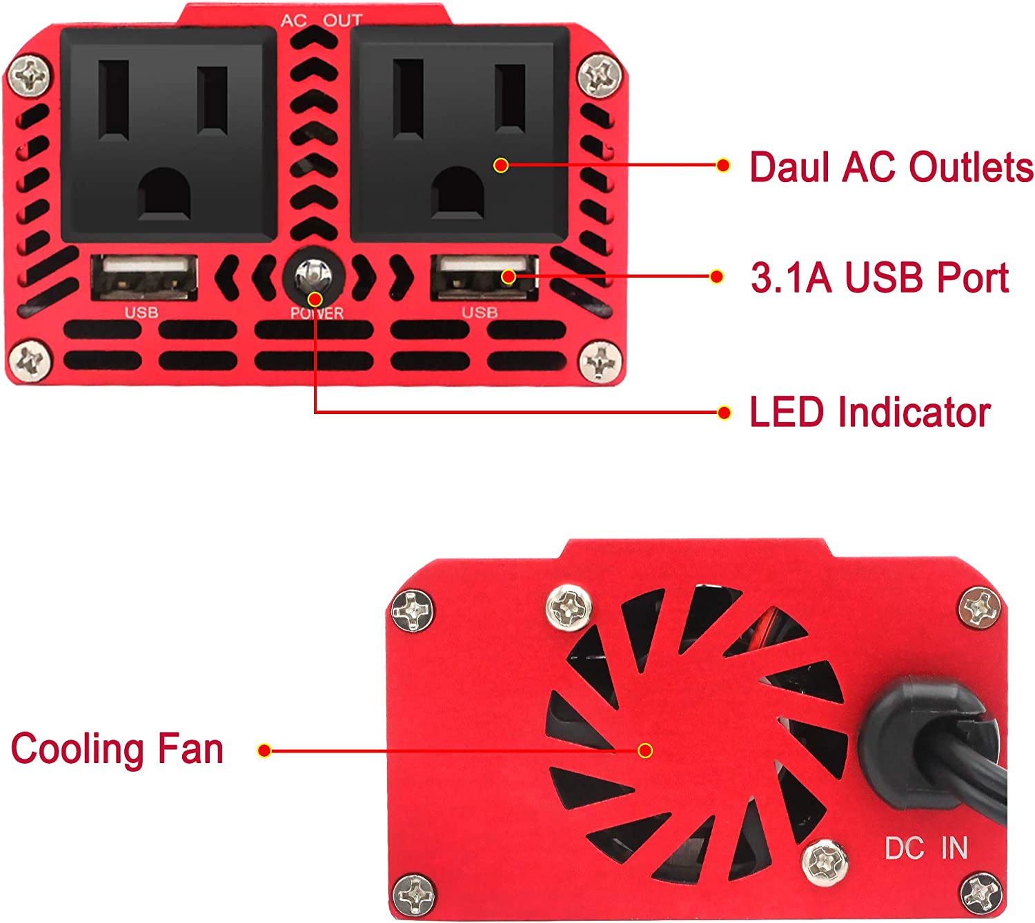 300W Power Inverter DC 12V to 110V AC with 3.1A Dual USB Charger R397