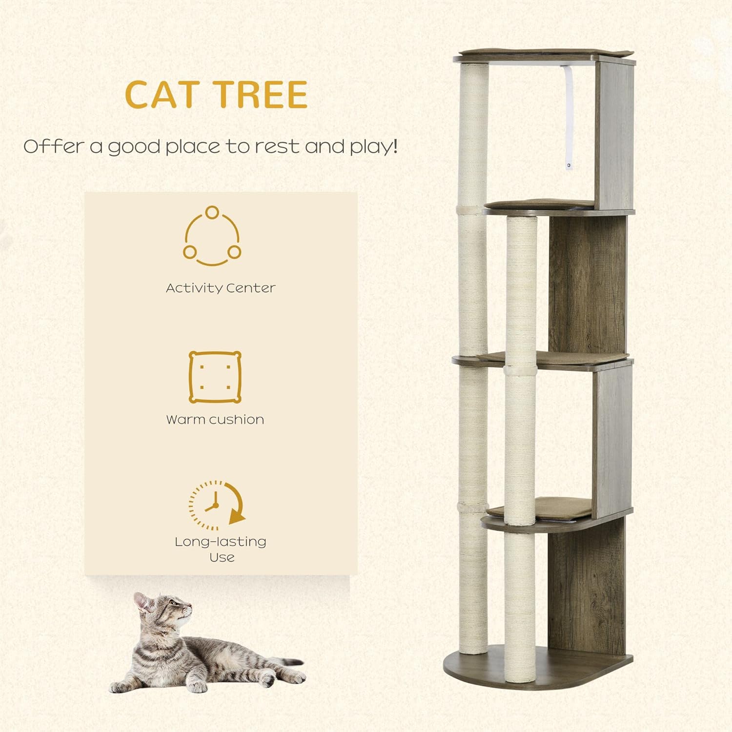 Cream White 65" Corner Cat Tree with Scratching Posts N213