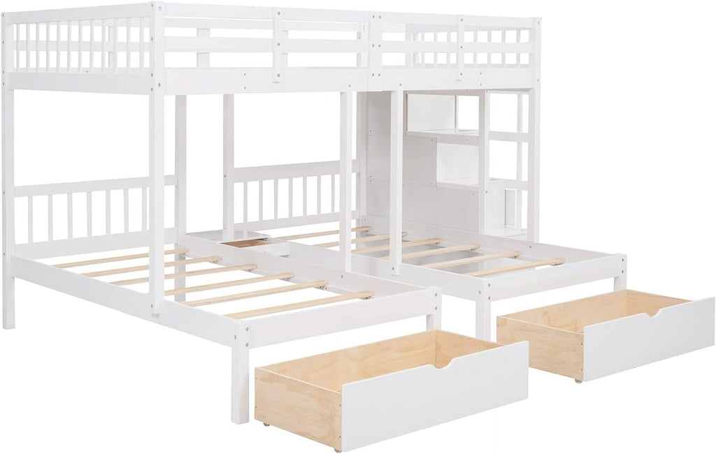 White Wood Triple Bunk Bed with Drawers and Guardrails R31357