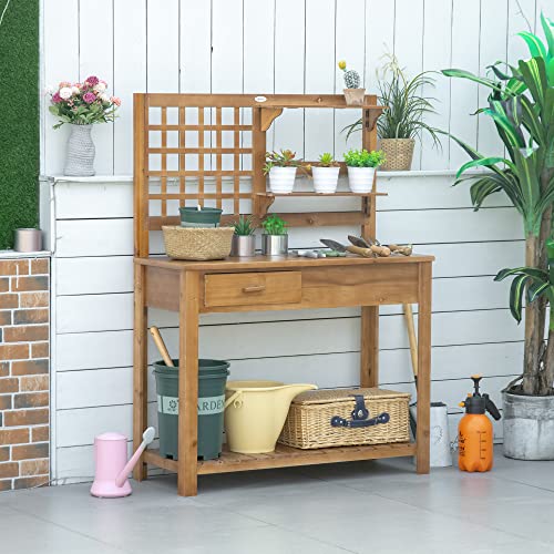 Brown Wooden Potting Bench Table with Shelves and Drawer H6819