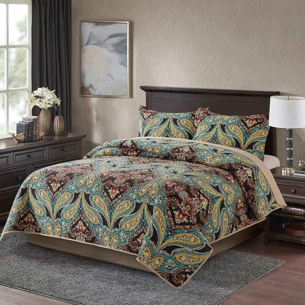 Cotton Bedspread Quilt Set, Reversible Patchwork Coverlet Z20205