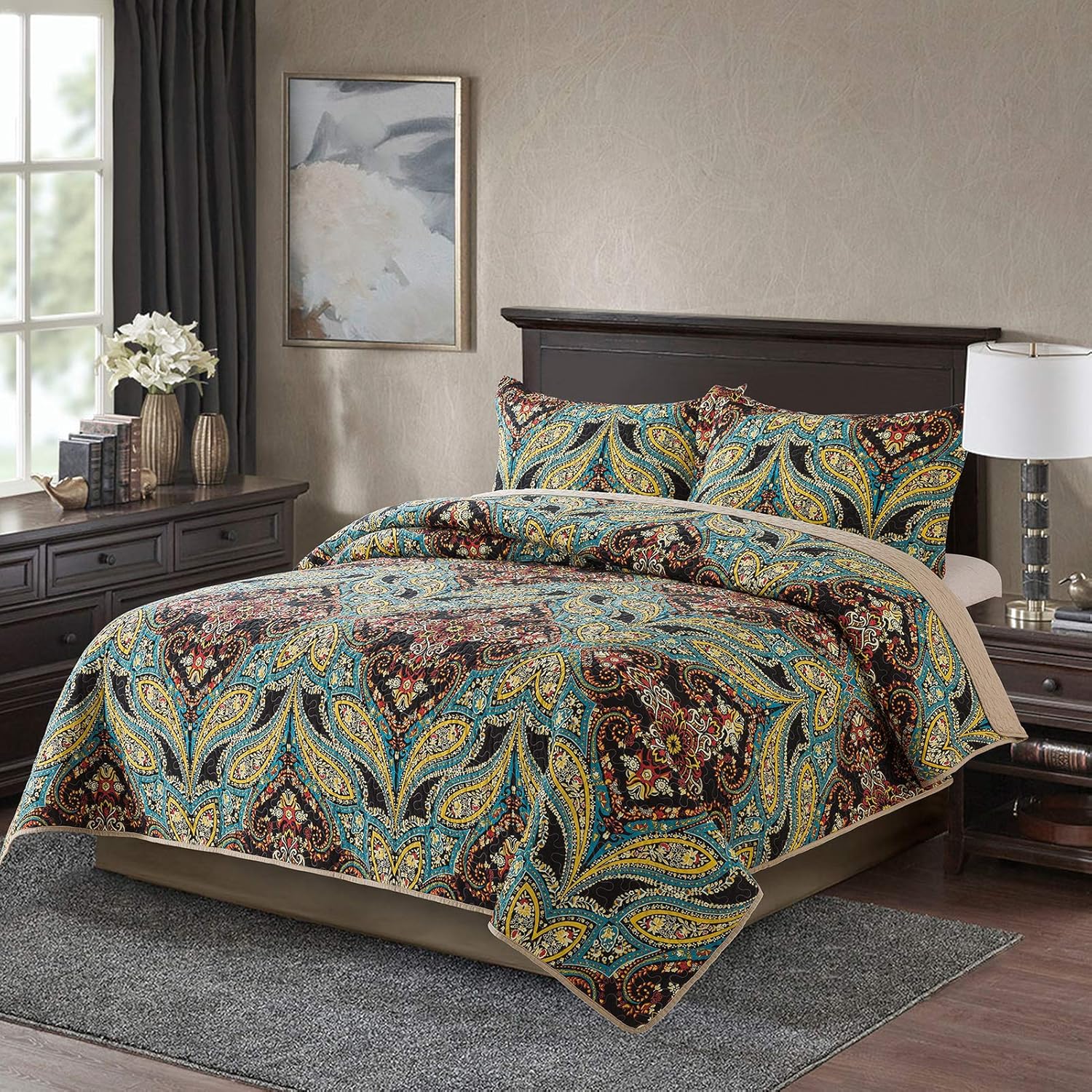 Cotton Bedspread Quilt Set, Reversible Patchwork Coverlet Z20205