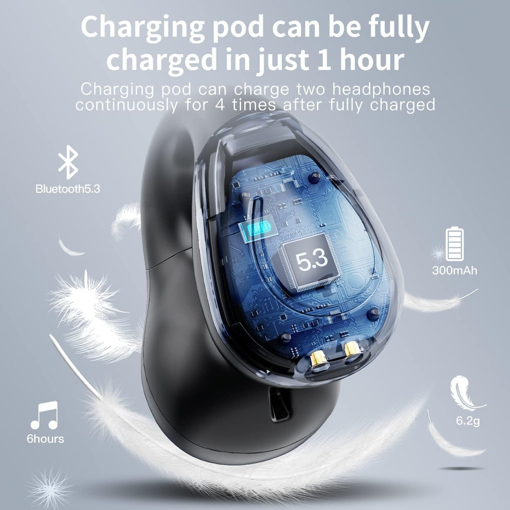Open Ear Bone Conduction Headphones Wireless Bluetooth 5.3 Clip On EarBuds with LED Display Charging Case 60 Hours Playtime IPX7 Waterproof Black A589