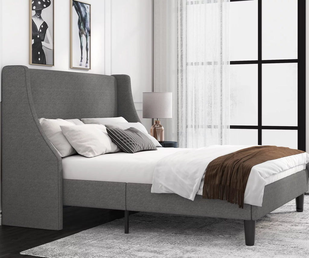 Full Size Fabric Upholstered Platform Bed Frame with Wingback Headboard, Light Grey X859