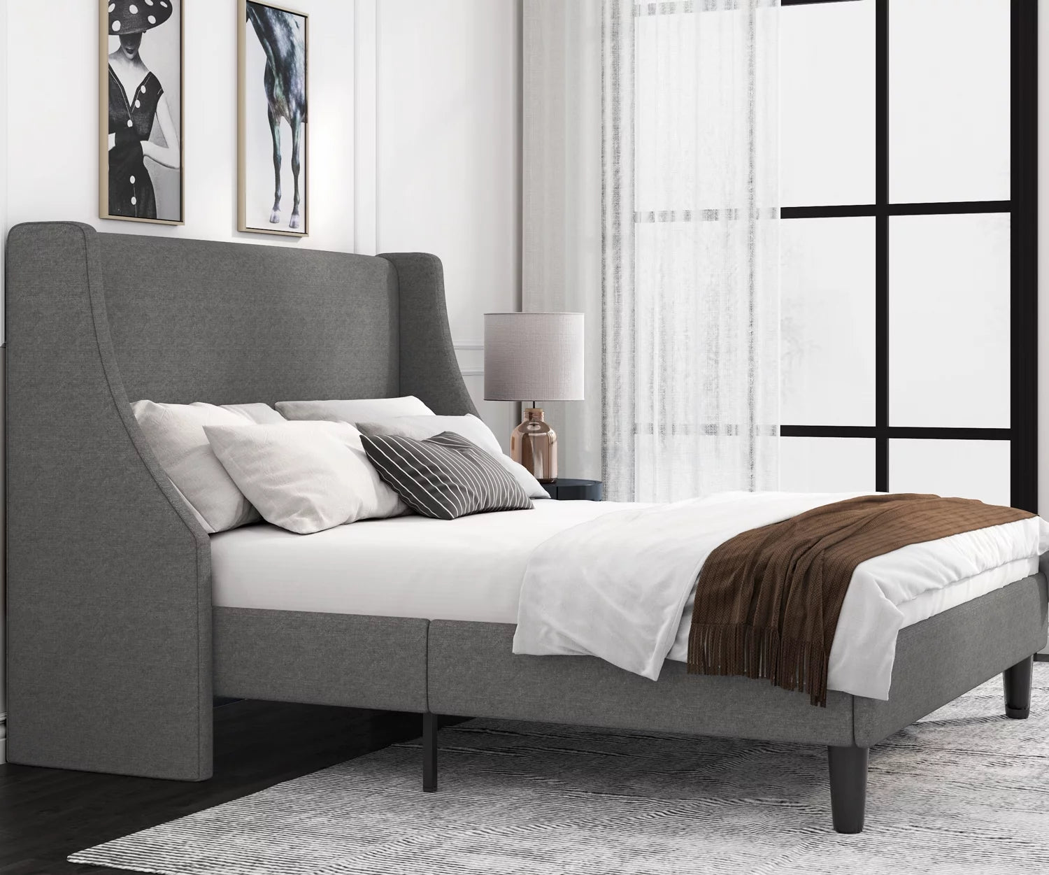 Full Size Fabric Upholstered Platform Bed Frame with Wingback Headboard, Light Grey X859